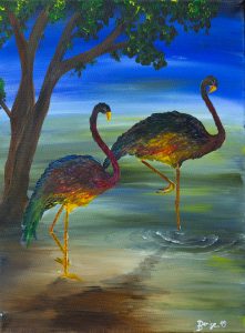 Zwei komische Vögel auf einem Bein, 2019