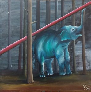 elephant with red bar, 2023_58 × 58 cm