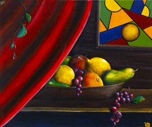 Fruit and colours, 2022, Acrylmalerei auf Leinwandverkwelkte Rose, 50x40x2