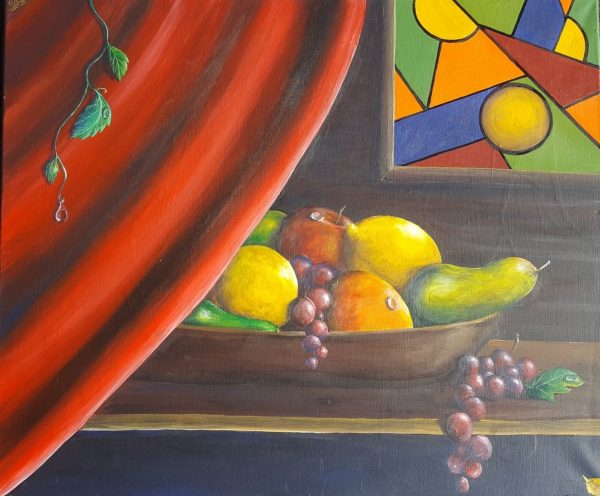 Fruit and colours, 2022, Acrylmalerei auf Leinwandverkwelkte Rose, 50x40x2